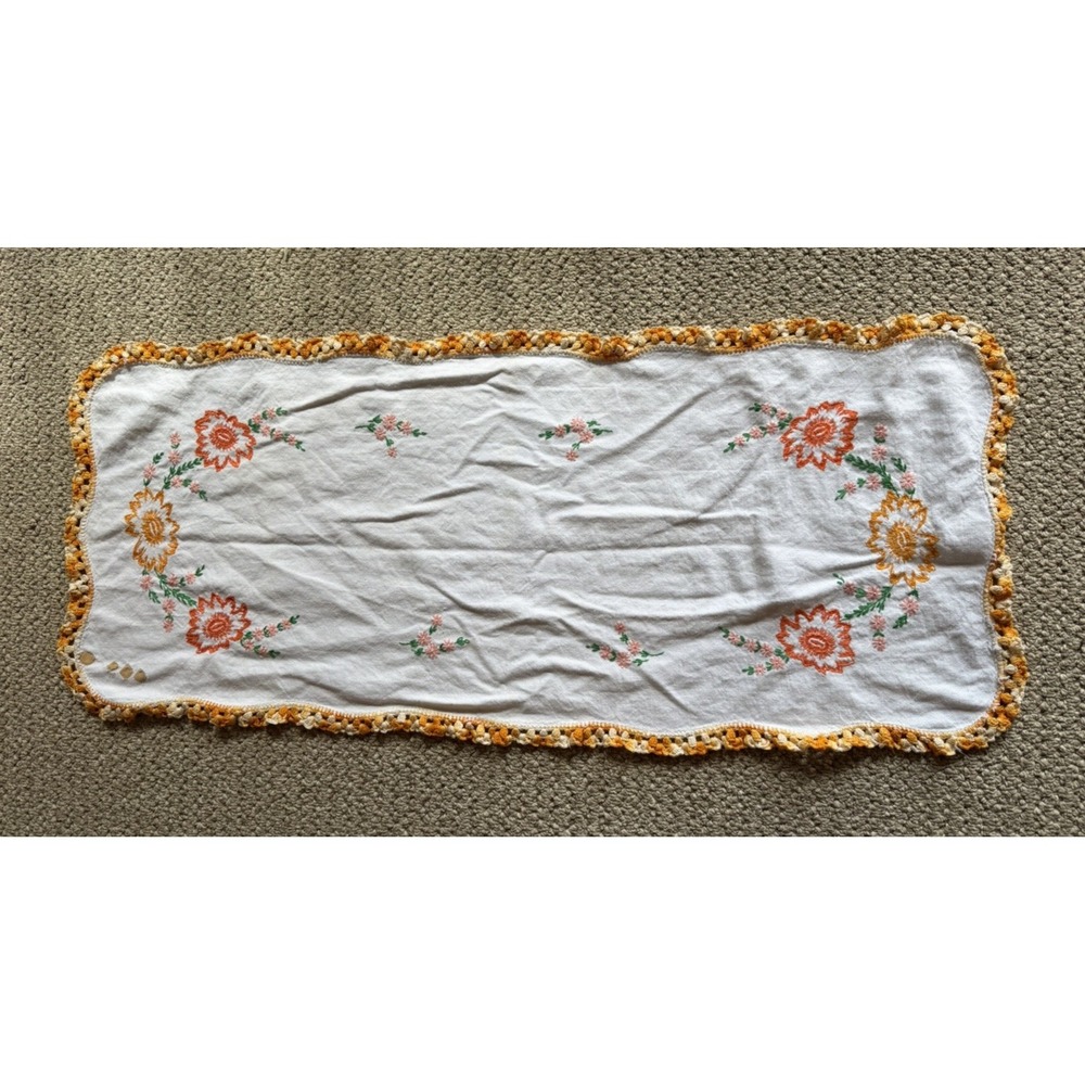 Vintage Embroidered Pink Orange Flowers Orange Trim Floral Dresser Scarf Table